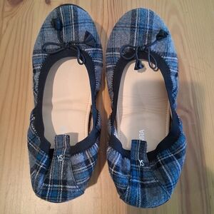 Yosi Samra Sandrine Grey/ Blue Ballet Plaid Flats with Bow